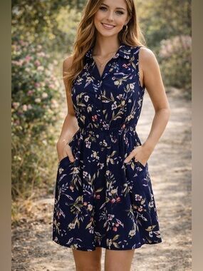 Catherine Malandrino Small Navy Floral Dress Silky Sleeveless Pockets